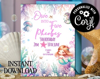 Editable cute mermaid digital invitation - girls under the sea party invitation