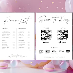 Code QR professionnel pour Scan to Pay et modèle modifiable de liste de prix, codes QR imprimables pour modèle modifiable Canva