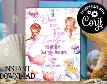 Editable cute mermaid tail digital invitation - girls under the sea party invitation