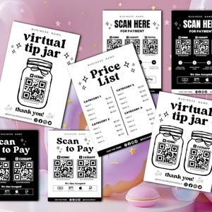 Business QR-Code Bundle - Trinkgeldglas, Scan-to-Pay, Preisliste bearbeitbare Vorlagen, druckbare QR-Codes für Canva bearbeitbare Vorlage
