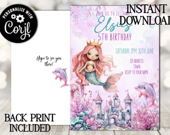 Editable mermaid digital invitation - girls under the sea party invitation