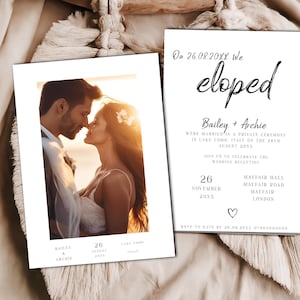 The Bailey Eloped foto bruiloft uitnodiging sjabloon, bruiloft uitnodiging, bruiloft decor, bewerkbaar, afdrukbaar, minimalistisch, digitale download