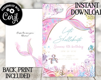 Editable mermaid tail digital invitation - girls under the sea party invitation