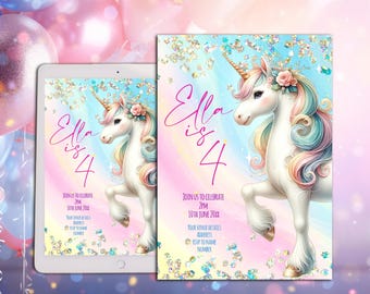May include: A pink and blue birthday invitation with a rainbow unicorn and glitter. The text on the invitation reads "Ella is 4".