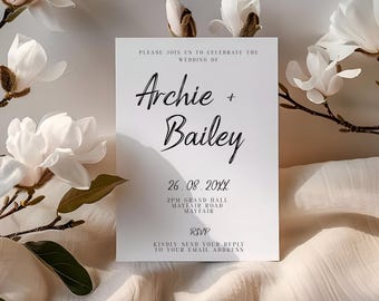Bailey bröllopsinbjudningsmall, bröllopsinbjudan, bröllopsdekor, redigerbar, utskrivbar, minimalistisk, digital nedladdning