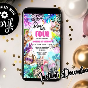Invitation fêtard sur téléphone portable - Numérique modifiable, rugissement en quatre, fête d'anniversaire fêtard