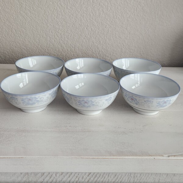 Vintage Blue & White Porcelain Rice Bowls Noodle Bowls - Set of 6