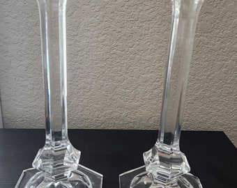 Vintage Crystal Tall Taper Candlestick Holders, Art Deco Crystal Candle Holders