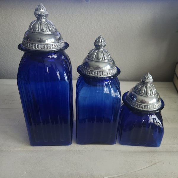 Vintage Cobalt Blue Ribbed Glass Cannisters with Pewter Lids By Carson Set Of 3