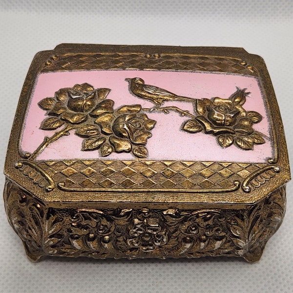 Vintage Victorian Trinket Box, Ornate Jewelry Box with Roses and Dainty Bird - 1950s