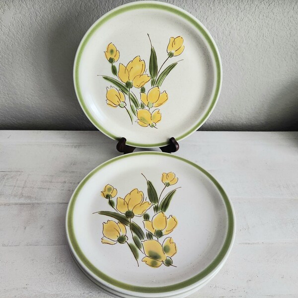 Vintage Stoneybrook Stoneware Dinner Plates Set Of 4 Japan Yellow Flowers Green Trim
