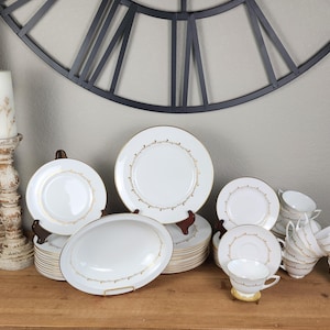 Royal Doulton Rondo Dinnerware Service for 12 - 61 Pieces! England Fine Bone China, Gold Trim, Elegant Tableware, Mid Century Modern