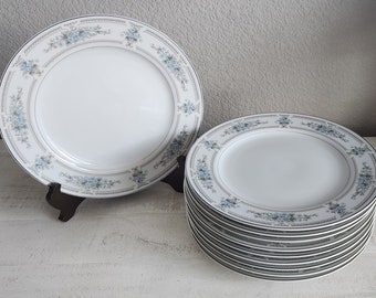 Vintage Elington Porcelain Dinner Plates, Blue Floral Silver Trim, Japan, Set of 5