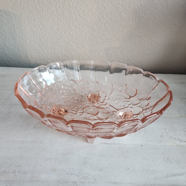 Vintage PINK Depression Glass Oval Footed Embossed Fruit Centerpiece Bowl by Indiana Glass