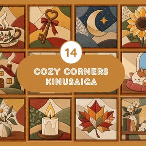 May include: A collection of 14 Kinusaiga art panels featuring quilted fabric designs of a coffee cup, a key with a red bow, a crescent moon, a sunflower, a house, a sleeping cat, flowers, a candle, a maple leaf, and a cat with books.