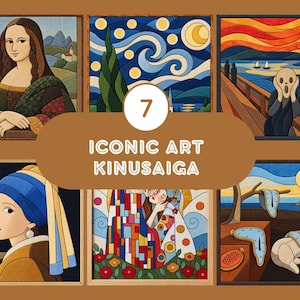 May include: A collection of six framed Kinusaiga art pieces featuring famous paintings including the Mona Lisa, Starry Night, The Scream, Girl with a Pearl Earring, The Kiss, and The Persistence of Memory, with text reading 7 ICONIC ART KINUSAIGA.