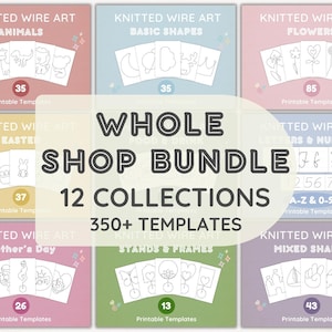 Peut inclure: Un ensemble de modèles imprimables pour l'art du fil tricoté, comprenant 12 collections et plus de 350 modèles. Les collections incluent des animaux, des formes de base, des fleurs, Pâques, des lettres et des chiffres, la fête des mères, des supports et des cadres, et des formes mixtes.