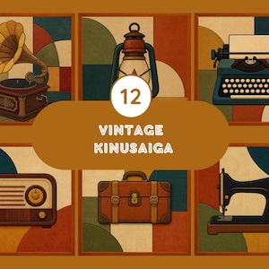 May include: A collection of six illustrations featuring a gramophone, a lantern, a typewriter, a radio, a suitcase, and a sewing machine. The central text reads 12 VINTAGE KINUSAIGA, set against a background of geometric shapes in muted tones.