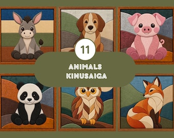 May include: A collection of six framed Kinusaiga fabric art panels featuring a donkey, a dog, a pig, a panda, an owl, and a fox. A central olive green overlay displays the text 11 ANIMALS KINUSAIGA in white, sans-serif capital letters.
