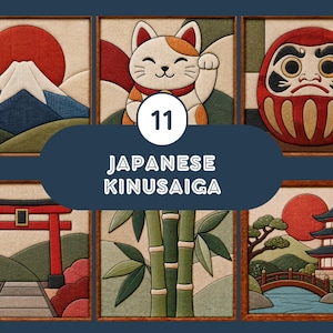 Puede incluir: Una colección de seis paneles de arte en tela Kinusaiga cuadrados con motivos japoneses que incluyen el monte Fuji, un gato de la suerte, una muñeca Daruma, un torii rojo, tallos de bambú y una pagoda con puente, enmarcados con el texto 11 JAPANESE KINUSAIGA.