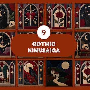 Puede incluir: Una colección de doce paneles cuadrados con arte Kinusaiga gótico que incluye motivos como gatos negros, calaveras, rosas, espadas y lunas. El texto central dice 9 GOTHIC KINUSAIGA. Cada panel muestra diseños intrincados de vidrieras.