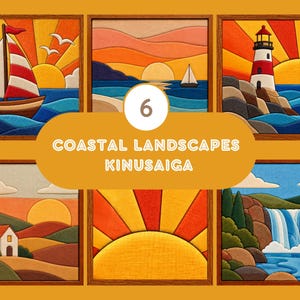 Puede incluir: Una colección de seis piezas de arte Kinusaiga enmarcadas que muestran paisajes costeros, incluyendo un velero, un faro, un atardecer, una casa en un campo y una cascada, con el texto 6 COASTAL LANDSCAPES KINUSAIGA en el centro.