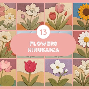 Puede incluir: Una cuadrícula de doce paneles cuadrados con varias flores en estilo Kinusaiga. Una superposición ovalada rosa central muestra el texto 13 FLOWERS KINUSAIGA. Cada panel representa diferentes especies florales con texturas en capas y colores suaves.