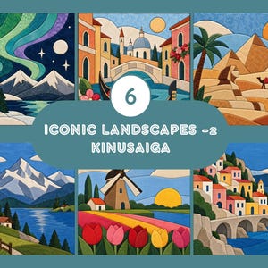 Pode incluir: Um conjunto de seis painéis de arte em tecido Kinusaiga com paisagens icónicas, incluindo auroras boreais, um canal veneziano, pirâmides egípcias, um lago de montanha, um moinho holandês com tulipas e uma vila costeira com o texto 6 ICONIC LANDSCAPES -2 KINUSAIGA.