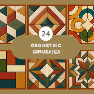 Könnte beinhalten: Eine Sammlung von 24 geometrischen Kinusaiga-Kunstwerken mit verschiedenen Mustern in Orange-, Petrol-, Grün- und Cremetönen. Jede quadratische Platte zeigt komplizierte, stoffbezogene Designs mit klaren Linien und einer Textur.