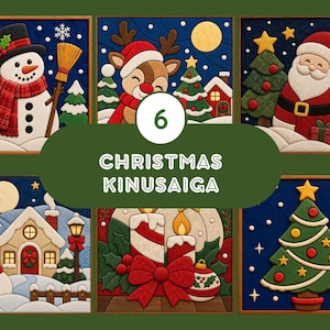 May include: A set of six square Kinusaiga fabric art panels featuring Christmas themes including a snowman, a reindeer, Santa Claus, a winter house, candles with a bow, and a decorated Christmas tree, all framed in wood with the text 6 CHRISTMAS KINUSAIGA.