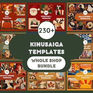 May include: A digital collection of 230+ Kinusaiga templates featuring a whole shop bundle. The image displays various themed grids including fall, Christmas, Halloween, animals, classic art, artistic figures, cozy corners, and coastal landscapes.