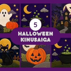 May include: A collection of five Halloween-themed Kinusaiga fabric art panels featuring a ghost, a haunted house, a black cat, a jack-o'-lantern, and a bubbling cauldron. The text 5 HALLOWEEN KINUSAIGA is centered in a purple banner overlay.