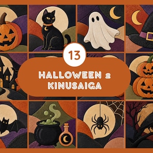May include: A collection of 13 Halloween-themed Kinusaiga art panels featuring a jack-o'-lantern, black cat, ghost, witch hat, haunted house, stacked pumpkins, bat, cauldron, spider, and raven, all set against a stylized moonlit background.