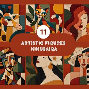 Puede incluir: Una colección de seis paneles de arte textil Kinusaiga con ilustraciones estilizadas de una jirafa, un gato y cuatro figuras humanas. El texto central dice 11 ARTISTIC FIGURES KINUSAIGA. Los paneles utilizan una paleta de rojo, naranja, amarillo, azul y verde.