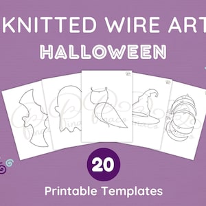 Halloween stickade trådkonstmallar | 20 trikotinmönster | Häxa, fladdermus, spöke och måne | Utskrivbar DIY-pyssel PDF