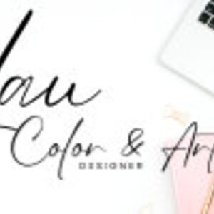 Peut inclure: Un logo manuscrit avec le texte "Lau Color & Art Designer" en encre noire sur fond blanc.