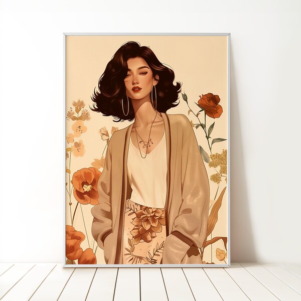 Agathe - collage portrait of a brunette woman in flowers as digital wall art ready for instant download | Floral Artwork Collection