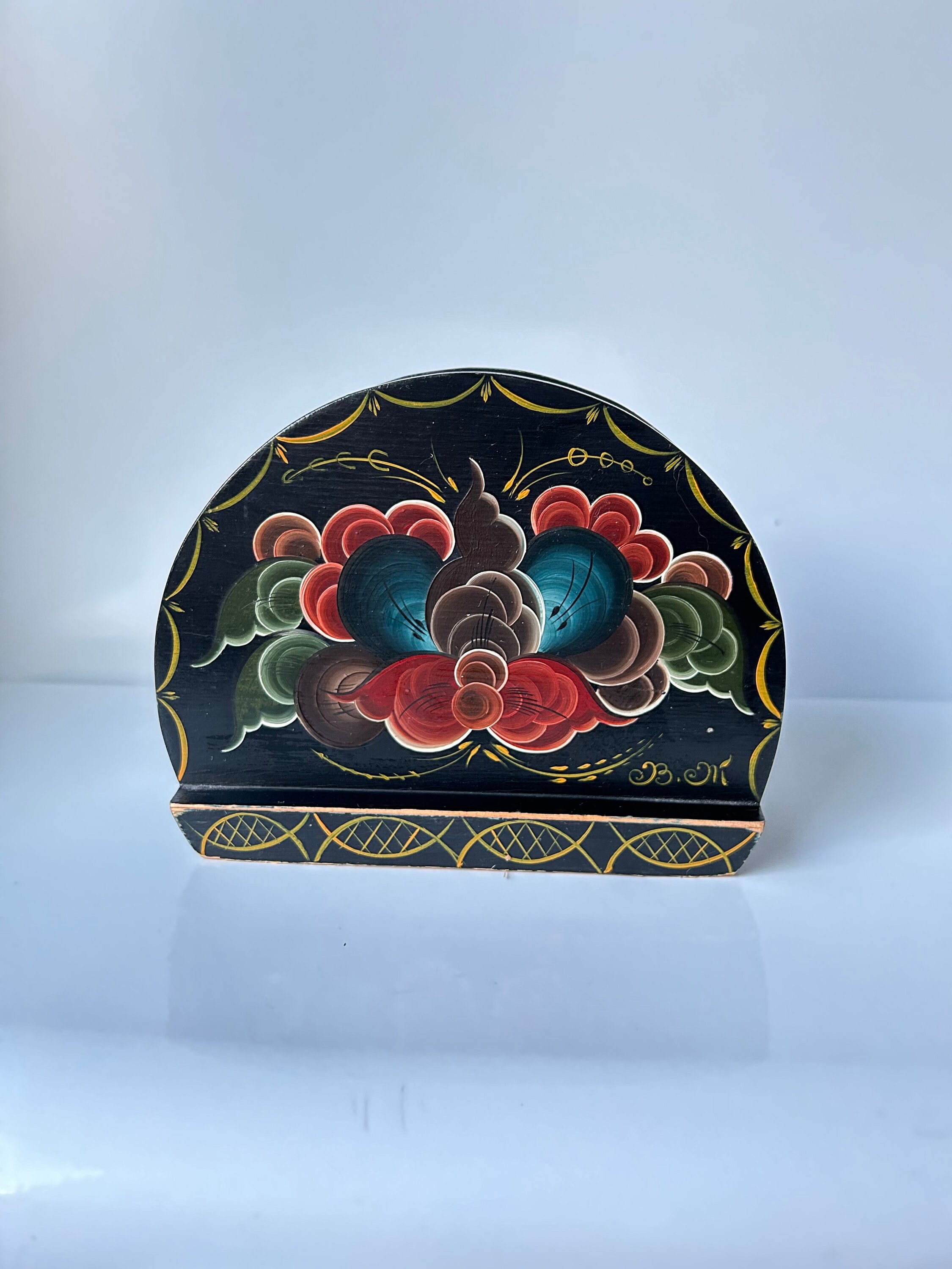 Norwegian handmade vintage rosemaling napkin holder paper holder Home decor table decor of Norway