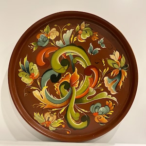 Norwegian Red rosemaling big plate handmade wooden wall hanging plate with folk art of Norway