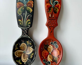 Norwegian rosemaling spoon vintage handmade spoon folk art wall art
