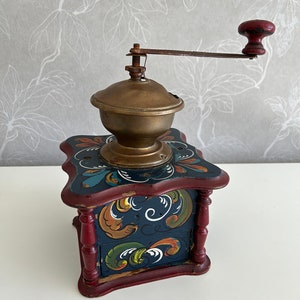 Antique coffee grinder made in Norway with rosemaling design handmade coffee grinder