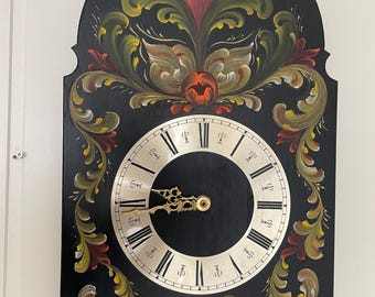 Beautiful handmade Norwegian vintage wall hanging clock with beautiful rosemaling design