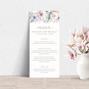 Menú editable para el Día de la Madre, tarjeta de menú con flores vintage, menú de brunch con flores rosas, menú de almuerzo, menú de cena, plantilla de descarga instantánea HL-002
