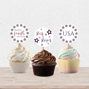 Fourth of July Cupcake Toppers, Custom Cupcake Topper, 4th of July Party Decor, Stars and Stripes Decoration, USA, Editable Template HL-006