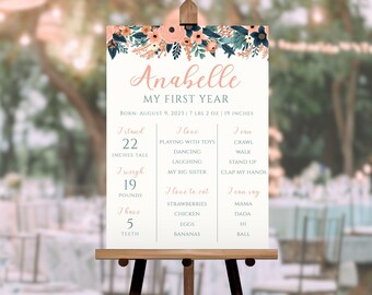 Pink Floral Milestone Sign, Editable First Birthday Milestone Board, Baby Girl 1st Birthday Decor, Instant Download Digital Template KB-009