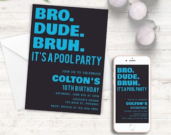BRUH Pool Party Birthday Invitation, EDITABLE Bruh Birthday Invite, Bro Dude Bruh, Boy 10th Birthday, Instant Download Template KB-011