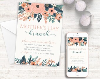 EDITABLE Mother's Day Brunch Invitation, Pink Floral Mother's Day Invite, Blush Pink Flower Invite, Instant Download Digital Template HL-001