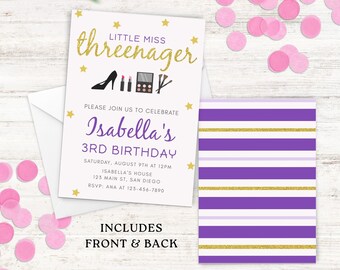 May include: Purple and white striped invitation with gold glitter accents. The front of the invitation features a gold glitter text that says "Little Miss Threenager" and a graphic of makeup items. The back of the invitation has a purple and white striped pattern with gold glitter accents.