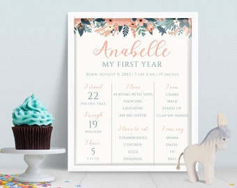Könnte beinhalten: Ein gerahmter Druck mit dem Namen "Anabelle" und "My First Year" in rosa Schrift. Der Druck enthält Details wie Größe (56 cm), Gewicht (8.6 kg) und Lieblingsdinge. Florale Akzente in Pfirsich und Blau verzieren die Oberseite.