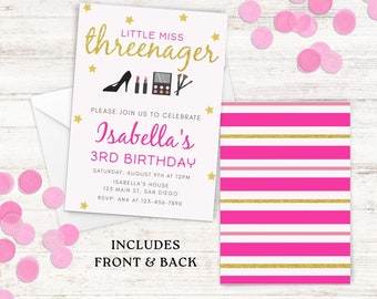 May include: Pink and white striped birthday invitation with gold glitter accents. The front of the invitation features the text "Little Miss Threenager" in gold glitter with a pink high heel shoe, lipstick, eyeshadow palette, and makeup brushes. The back of the invitation has a pink and white striped pattern with gold glitter accents.